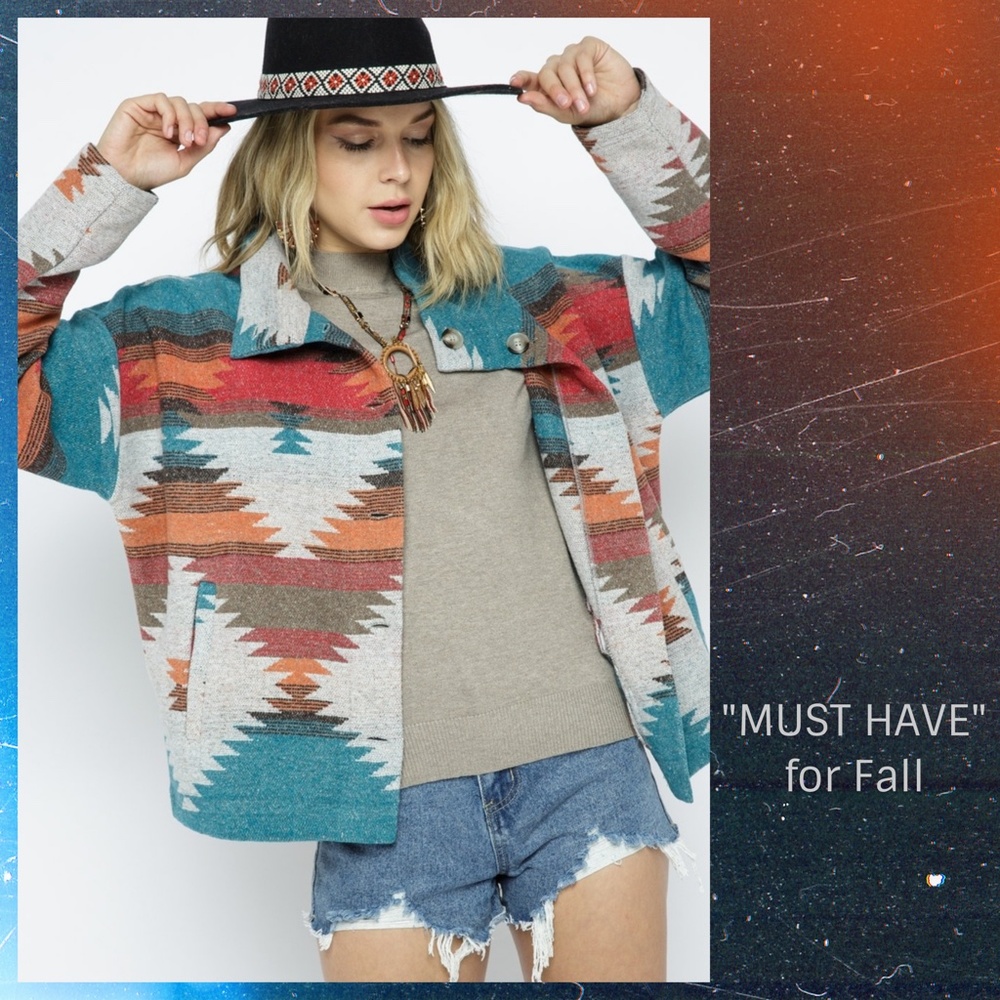 LUX BRAND Aztec Print Button Up Soft & Cozy Jacket W/Stand-Up Collar & Pockets - Picture 8 of 16